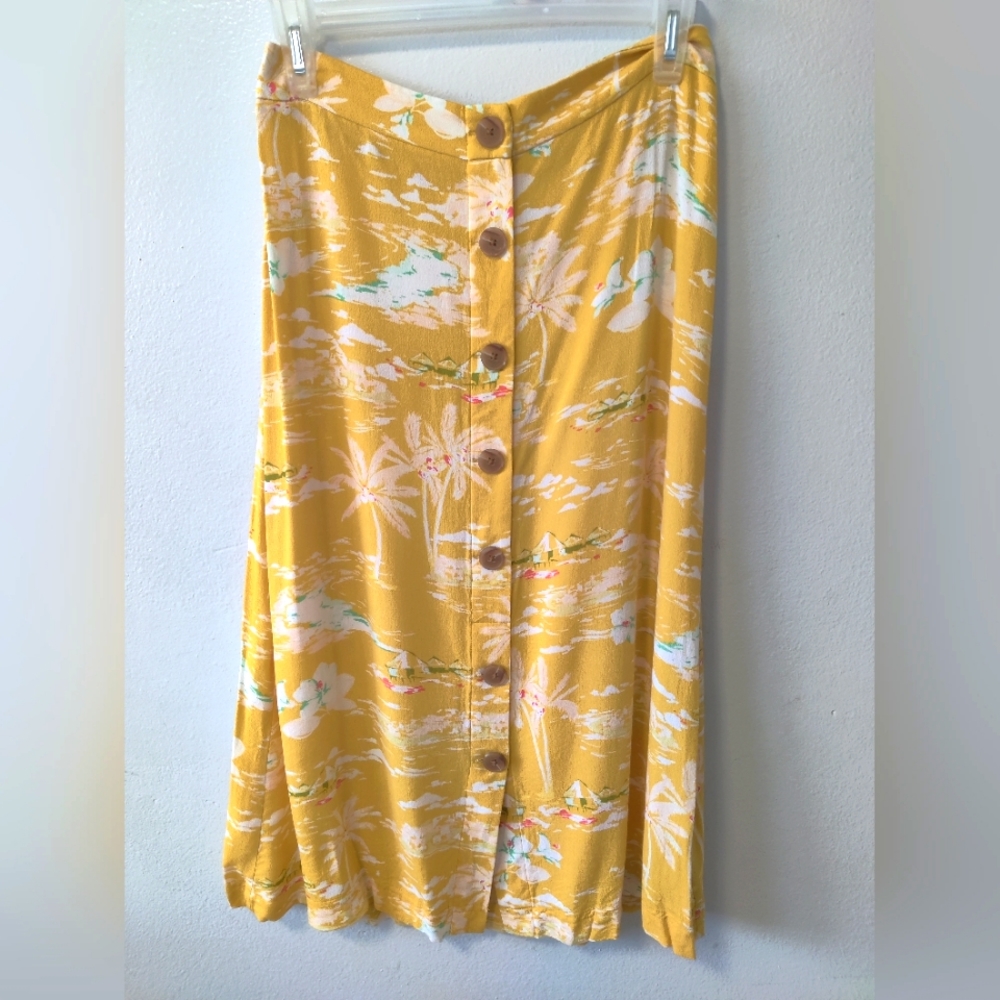 LC Lauren Conrad yellow tropical print midi button down skirt size small euc